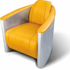 Casa Padrino Luxus Art Deco Leder Sessel Vintage Gelb / Silber - Aluminium Möbel