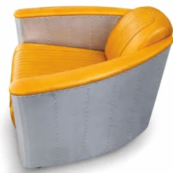 Casa Padrino Luxus Art Deco Leder Sessel Vintage Gelb / Silber - Aluminium Möbel