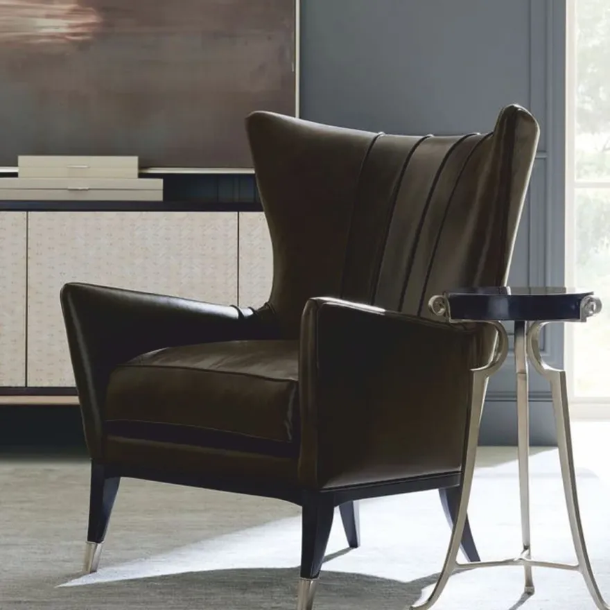 Casa Padrino Luxus Art Deco Leder Ohrensessel Braun / Schwarz / Silber H. 102 cm