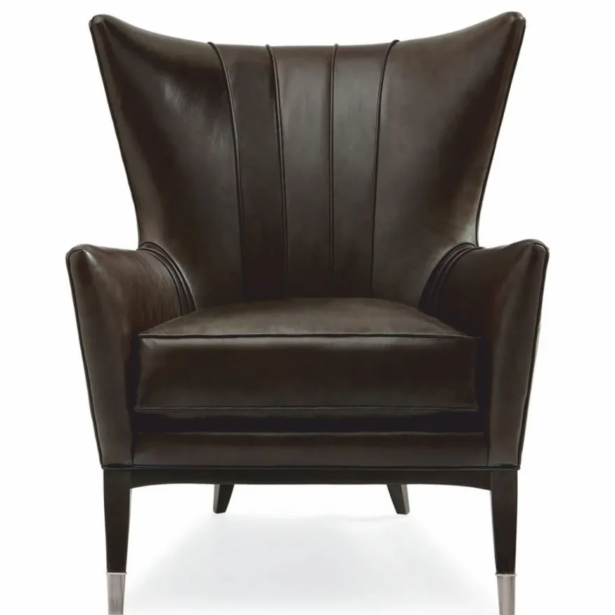 Casa Padrino Luxus Art Deco Leder Ohrensessel Braun / Schwarz / Silber H. 102 cm