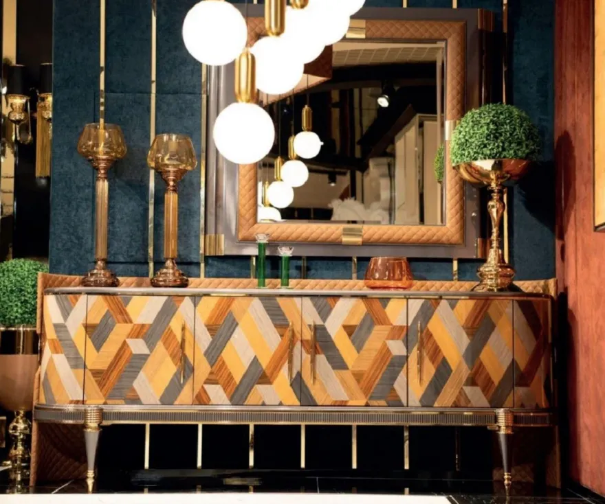 Casa Padrino Luxus Art Deco Möbel Set Mehrfarbig / Braun / Grau / Gold - 1 Luxus Art Deco Sideboard mit 4 Türen & 1 Luxus Art Deco Spiegel - Luxus Art Deco Möbel