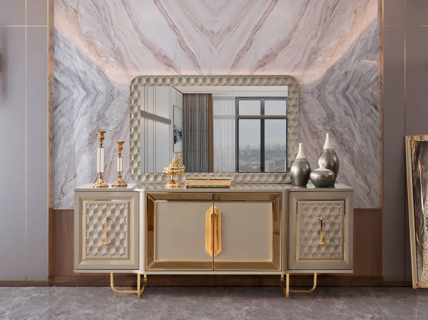 Casa Padrino Luxus Art Deco Möbel Set Grau / Gold - 1 Luxus Art Deco Sideboard mit 4 Türen & 1 Luxus Art Deco Spiegel - Art Deco Möbel - Luxus Möbel - Luxus Einrichtung - Art Deco Einrichtung