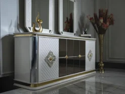 Casa Padrino Luxus Art Deco Möbel Set Weiß / Gold - 1 Sideboard & 2 Spiegel - Edel & Prunkvoll