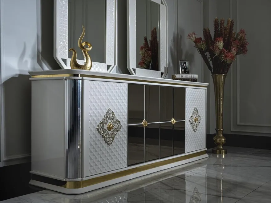 Casa Padrino Luxus Art Deco Möbel Set Weiß / Gold - 1 Sideboard & 2 Spiegel - Edel & Prunkvoll