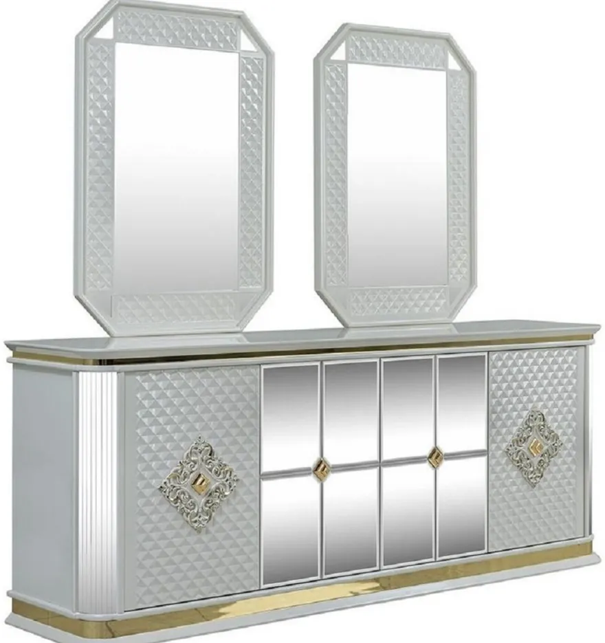 Casa Padrino Luxus Art Deco Möbel Set Weiß / Gold - 1 Sideboard & 2 Spiegel - Edel & Prunkvoll
