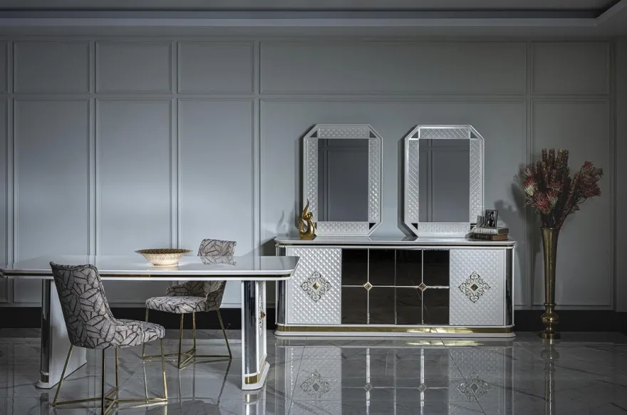 Casa Padrino Luxus Art Deco Möbel Set Weiß / Gold - 1 Sideboard & 2 Spiegel - Edel & Prunkvoll