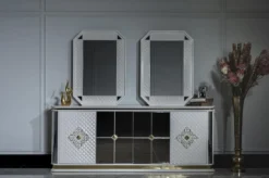 Casa Padrino Luxus Art Deco Möbel Set Weiß / Gold - 1 Sideboard & 2 Spiegel - Edel & Prunkvoll