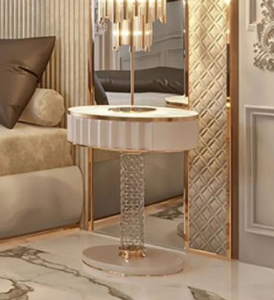 Casa Padrino Luxus Art Deco Nachtkommode Weiß / Grau / Gold 60 x 45 x H. 66 cm - Nachttisch mit Schublade und Kunstmarmor Platte - Art Deco Schlafzimmer Möbel - Luxus Schlafzimmer Möbel