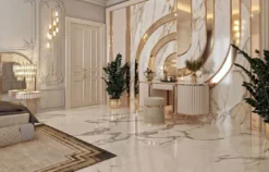 Casa Padrino Luxus Art Deco Nachtkommode Weiß / Grau / Gold 60 x 45 x H. 66 cm - Nachttisch mit Schublade und Kunstmarmor Platte - Art Deco Schlafzimmer Möbel - Luxus Schlafzimmer Möbel
