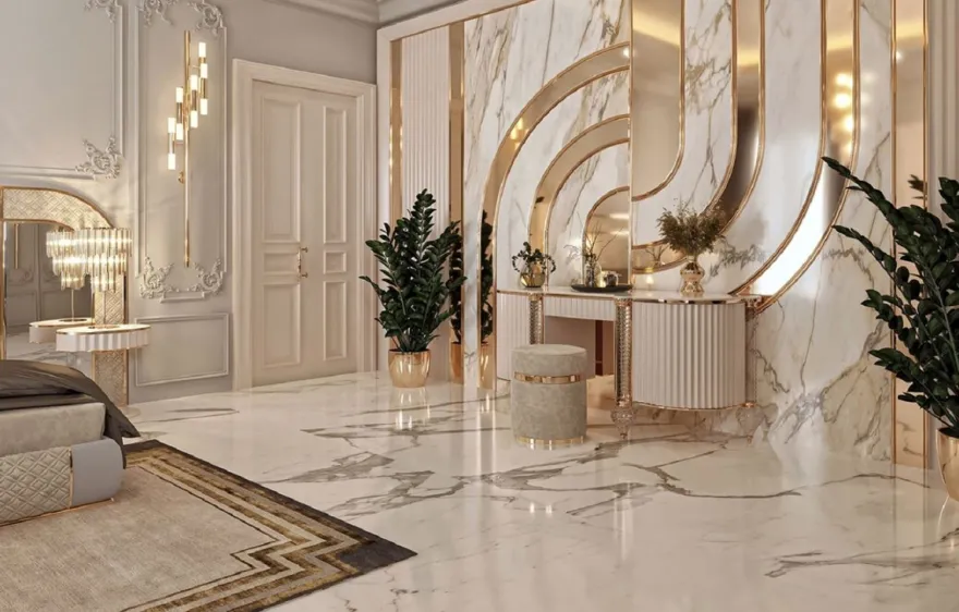 Casa Padrino Luxus Art Deco Nachtkommode Weiß / Grau / Gold 60 x 45 x H. 66 cm - Nachttisch mit Schublade und Kunstmarmor Platte - Art Deco Schlafzimmer Möbel - Luxus Schlafzimmer Möbel