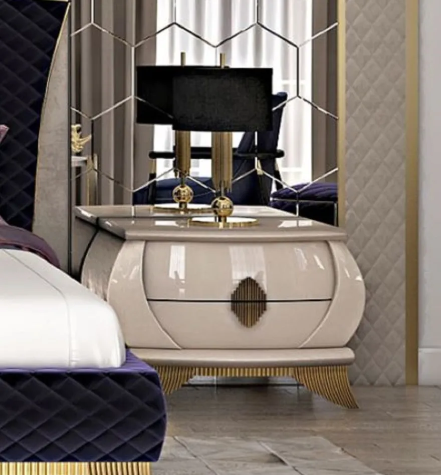 Casa Padrino Luxus Art Deco Nachtkommode Creme / Gold 75 x 50 x H. 55 cm - Eleganter Massivholz Nachttisch mit 2 Schubladen - Art Deco Schlafzimmer & Hotel Möbel - Luxus Kollektion