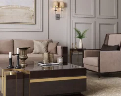 Casa Padrino Luxus Art Deco Samt Sessel Beige / Dunkelbraun Hochglanz / Gold 75 x 75 x H. 105 cm - Edler Wohnzimmer Sessel - Luxus Art Deco Möbel