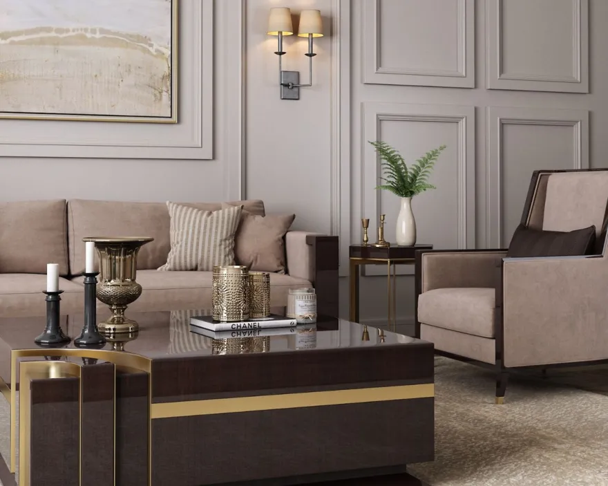 Casa Padrino Luxus Art Deco Samt Sessel Beige / Dunkelbraun Hochglanz / Gold 75 x 75 x H. 105 cm - Edler Wohnzimmer Sessel - Luxus Art Deco Möbel
