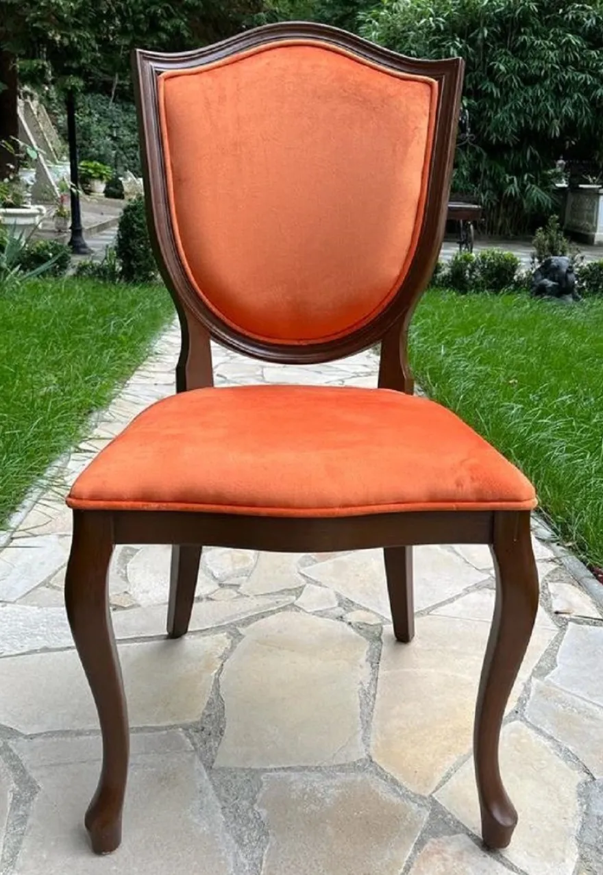 Casa Padrino Luxus Art Deco Samt Esszimmer Stuhl Orange / Braun - Art Deco Massivholz Stuhl - Art Deco Esszimmer Möbel - Art Deco Möbel - Art Deco Einrichtung - Luxus Möbel im Art Deco Stil