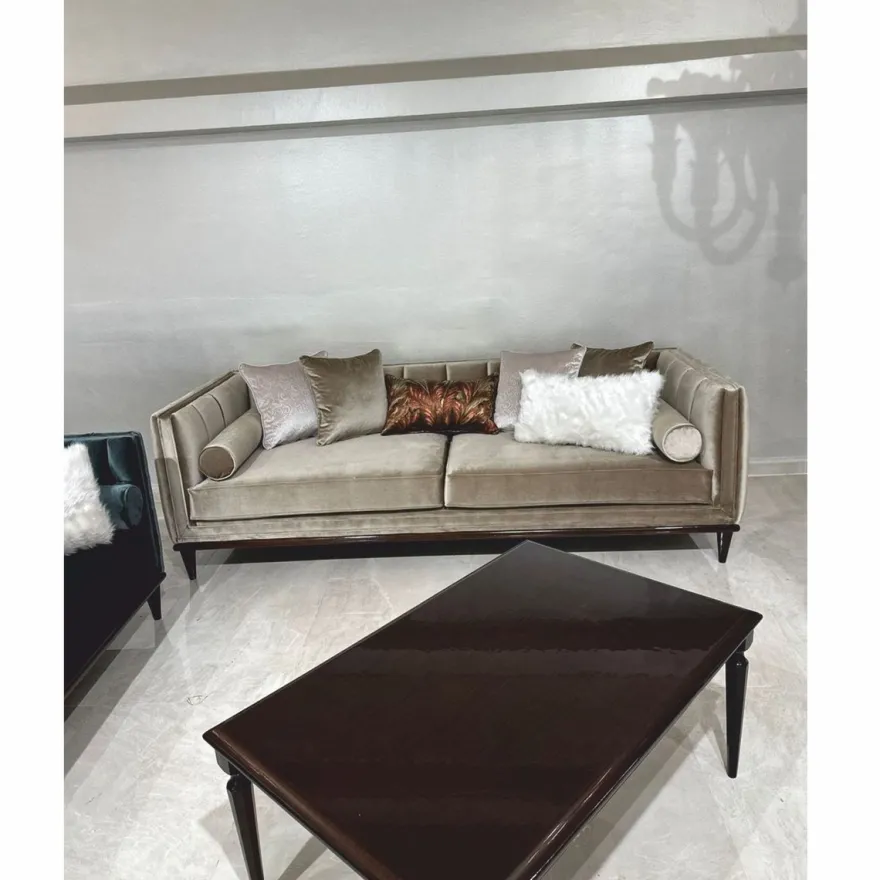 Casa Padrino Luxus Art Deco Samt Sofa Olivgrün / Dunkelbraun 235 cm - Wohnzimmer Möbel