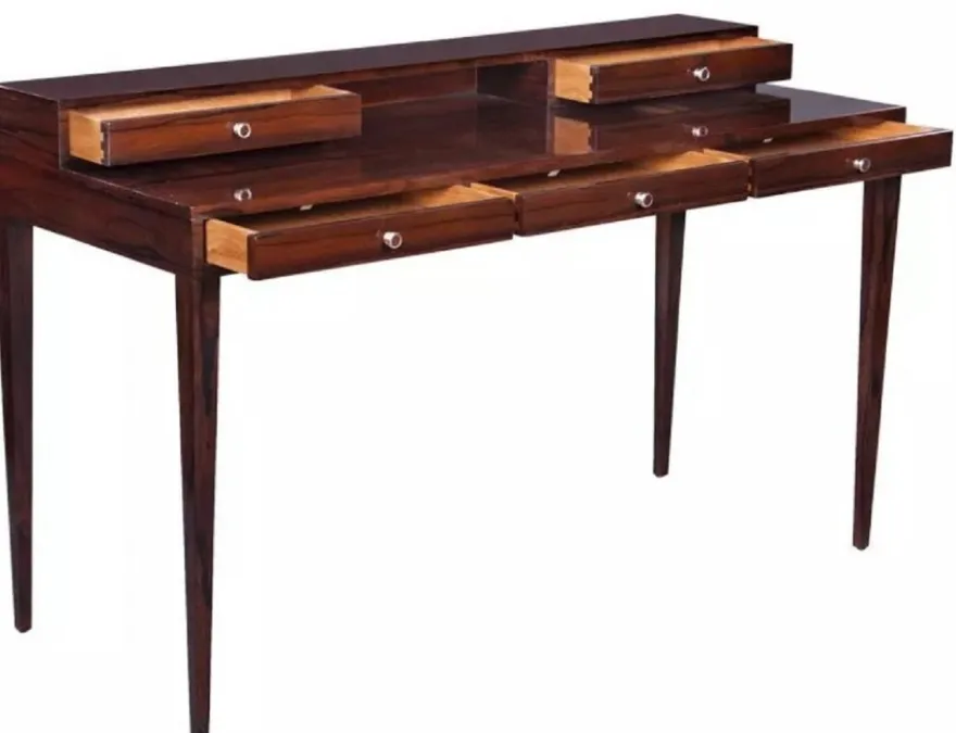 Casa Padrino Luxus Art Deco Schreibtisch mit 5 Schubladen Dunkelbraun 140 x 55 x H. 86 cm - Massivholz Bürotisch - Büro Möbel - Art Deco Möbel - Luxus Möbel