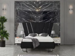 Casa Padrino Luxus Art Deco Schlafzimmer Set Schwarz / Weiß / Bronze - 1 Doppelbett mit Kopfteil & 2 Nachtkommoden - Art Deco Schlafzimmer Möbel - Luxus Schlafzimmer Möbel - Luxus Einrichtung