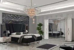 Casa Padrino Luxus Art Deco Schlafzimmer Set Schwarz / Weiß / Bronze - 1 Doppelbett mit Kopfteil & 2 Nachtkommoden - Art Deco Schlafzimmer Möbel - Luxus Schlafzimmer Möbel - Luxus Einrichtung
