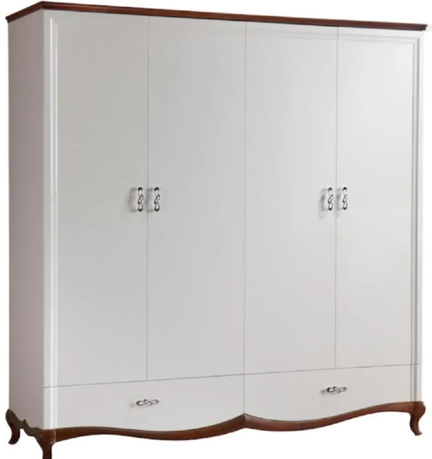 Casa Padrino Luxus Art Deco Schlafzimmerschrank Weiß / Dunkelbraun 204,4 x 62,5 x H. 209,5 cm - Kleiderschrank mit 4 Türen und 2 Schubladen - Schlafzimmermöbel