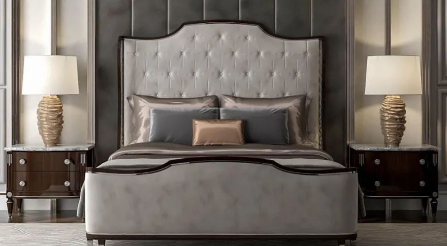Casa Padrino Luxus Art Deco Schlafzimmer Set Grau / Dunkelbraun / Silber - 1 Doppelbett mit Kopfteil & 2 Nachtkommoden - Art Deco Schlafzimmer Möbel - Luxus Schlafzimmer Möbel - Luxus Einrichtung