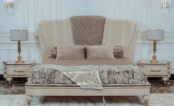 Casa Padrino Luxus Art Deco Schlafzimmer Set Beige / Grau / Gold - 1 Doppelbett mit Kopfteil & 2 Nachttische - Art Deco Schlafzimmer & Hotel Möbel - Luxus Kollektion