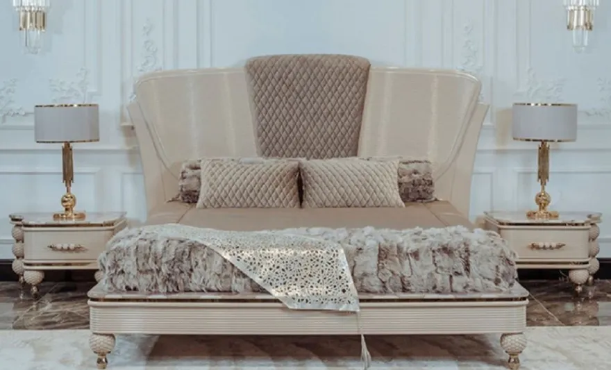 Casa Padrino Luxus Art Deco Schlafzimmer Set Beige / Grau / Gold - 1 Doppelbett mit Kopfteil & 2 Nachttische - Art Deco Schlafzimmer & Hotel Möbel - Luxus Kollektion
