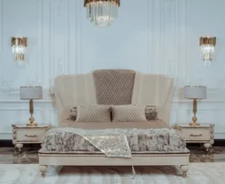 Casa Padrino Luxus Art Deco Schlafzimmer Set Beige / Grau / Gold - 1 Doppelbett mit Kopfteil & 2 Nachttische - Art Deco Schlafzimmer & Hotel Möbel - Luxus Kollektion