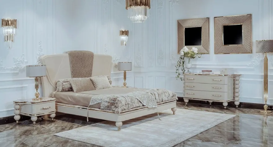 Casa Padrino Luxus Art Deco Schlafzimmer Set Beige / Grau / Gold - 1 Doppelbett mit Kopfteil & 2 Nachttische - Art Deco Schlafzimmer & Hotel Möbel - Luxus Kollektion