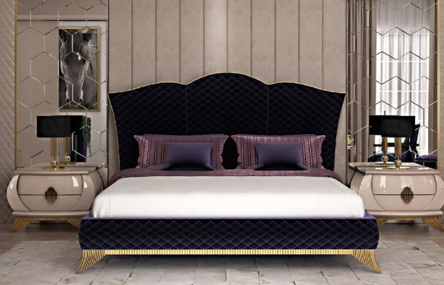 Casa Padrino Luxus Art Deco Schlafzimmer Set Lila / Cremefarben / Gold - 1 Doppelbett mit Kopfteil & 2 Nachttische - Art Deco Schlafzimmer & Hotel Möbel - Luxus Kollektion