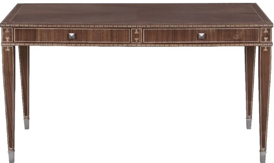 Casa Padrino Luxus Art Deco Schreibtisch mit 2 Schubladen Braun / Silber 141 x 70 x H. 75 cm - Massivholz Bürotisch - Büro Möbel - Art Deco Möbel - Luxus Möbel