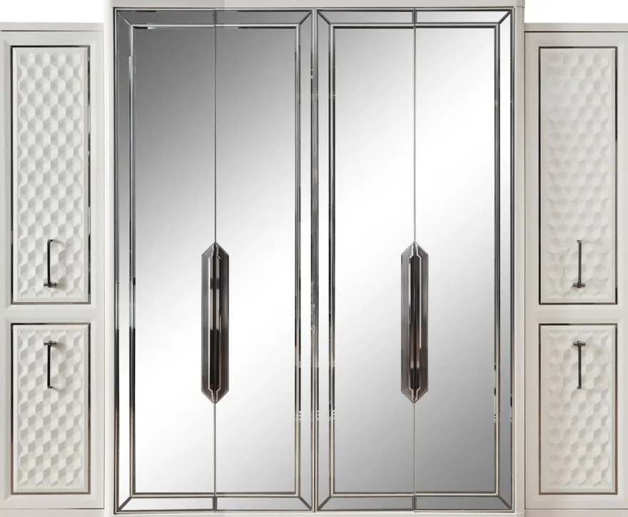 Casa Padrino Luxus Art Deco Schlafzimmerschrank Weiß / Bronze 280 x 60 x H. 229 cm - Verspiegelter Kleiderschrank mit 4 Türen - Schlafzimmer Möbel - Art Deco Möbel - Luxus Möbel - Luxus Einrichtung