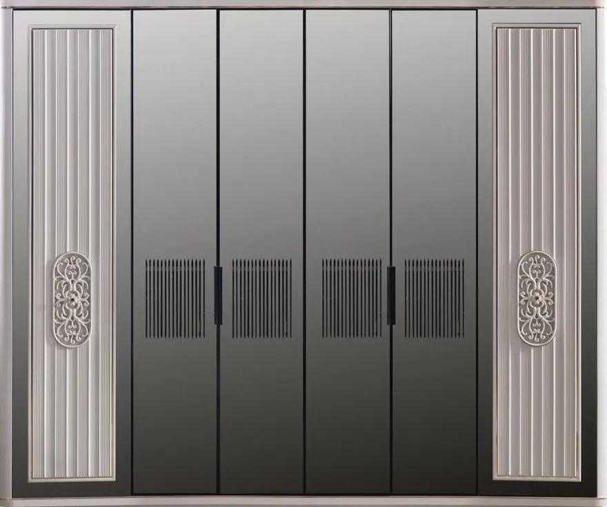 Casa Padrino Luxus Art Deco Schlafzimmerschrank Weiß / Schwarz 265 x 67 x H. 220 cm - Edler Massivholz Kleiderschrank mit 6 verspiegelten Türen - Schlafzimmer Möbel - Luxus Qualität