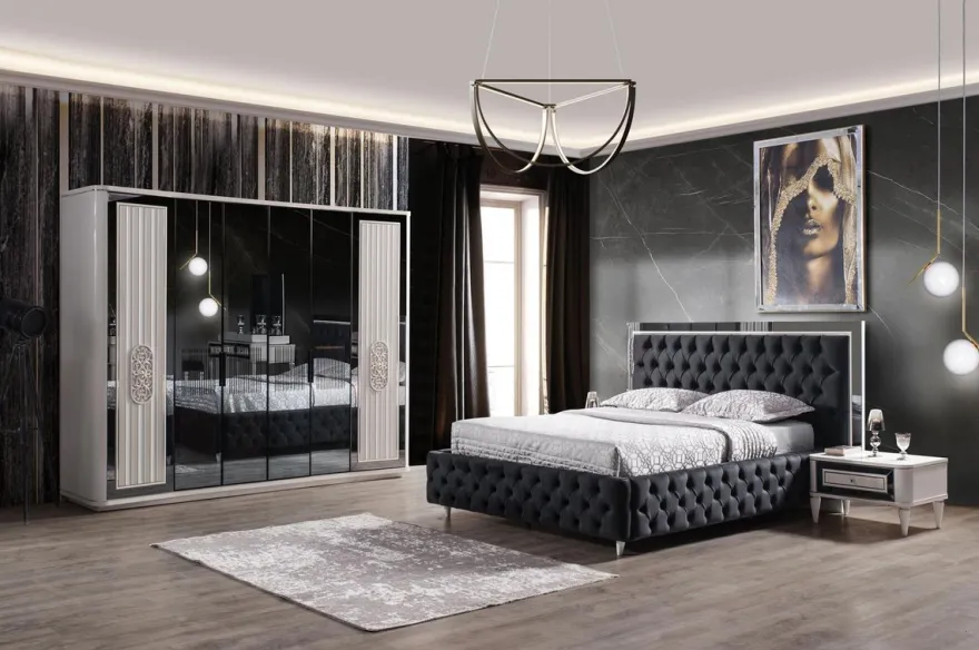 Casa Padrino Luxus Art Deco Schlafzimmerschrank Weiß / Schwarz 265 x 67 x H. 220 cm - Edler Massivholz Kleiderschrank mit 6 verspiegelten Türen - Schlafzimmer Möbel - Luxus Qualität