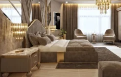 Casa Padrino Luxus Art Deco Schlafzimmer Set Grau / Weiß / Gold - 1 Doppelbett mit Kopfteil & 2 Nachttische - Art Deco Schlafzimmer & Hotel Möbel - Luxus Kollektion