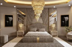 Casa Padrino Luxus Art Deco Schlafzimmer Set Grau / Weiß / Gold - 1 Doppelbett mit Kopfteil & 2 Nachttische - Art Deco Schlafzimmer & Hotel Möbel - Luxus Kollektion