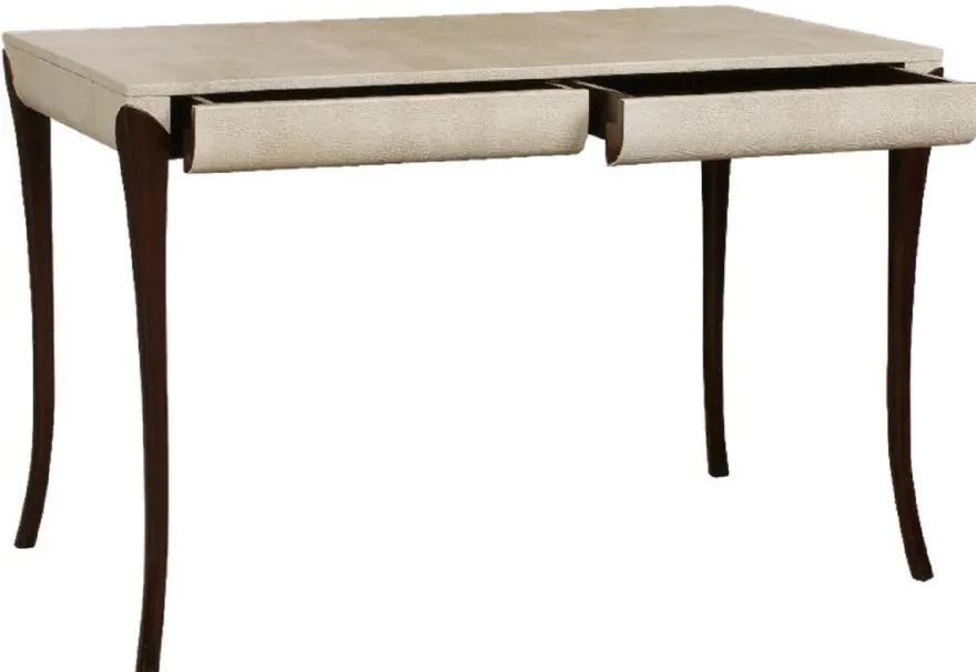 Casa Padrino Luxus Art Deco Schreibtisch mit 2 Schubladen Creme / Dunkelbraun 119 x 66 x H. 77 cm - Massivholz Bürotisch mit geprägtem Leder - Büro Möbel - Art Deco Möbel - Luxus Möbel
