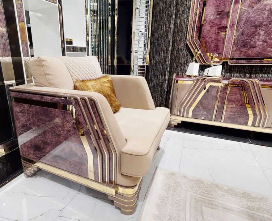 Casa Padrino Luxus Art Deco Sessel Beige / Lila / Grau / Gold - Edler Wohnzimmer Sessel mit Marmoroptik - Luxus Art Deco Wohnzimmer & Hotel Möbel