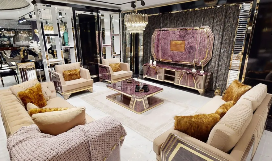 Casa Padrino Luxus Art Deco Sessel Beige / Lila / Grau / Gold - Edler Wohnzimmer Sessel mit Marmoroptik - Luxus Art Deco Wohnzimmer & Hotel Möbel