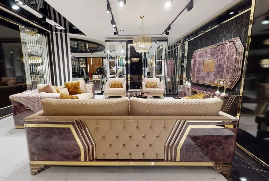 Casa Padrino Luxus Art Deco Sessel Beige / Lila / Grau / Gold - Edler Wohnzimmer Sessel mit Marmoroptik - Luxus Art Deco Wohnzimmer & Hotel Möbel