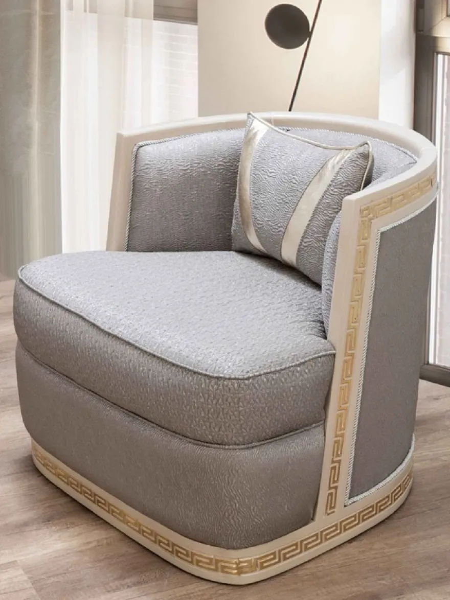 Casa Padrino Luxus Art Deco Sessel Silber / Cremefarben / Gold - Handgefertigter Wohnzimmer Sessel - Art Deco Wohnzimmer Möbel