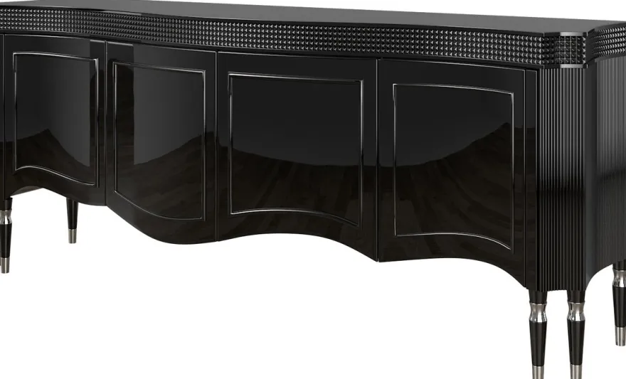 Casa Padrino Luxus Art Deco Sideboard Schwarz / Silber 220 x 53 x H. 93 cm - Edler Wohnzimmer Schrank mit 4 Türen - Art Deco Möbel