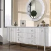 Casa Padrino Luxus Art Deco Sideboard Weiß / Silber 200 x 42 x H. 80 cm - Edler Massivholz Schrank mit 2 Türen und 3 Schubladen - Art Deco Möbel - Luxus Möbel