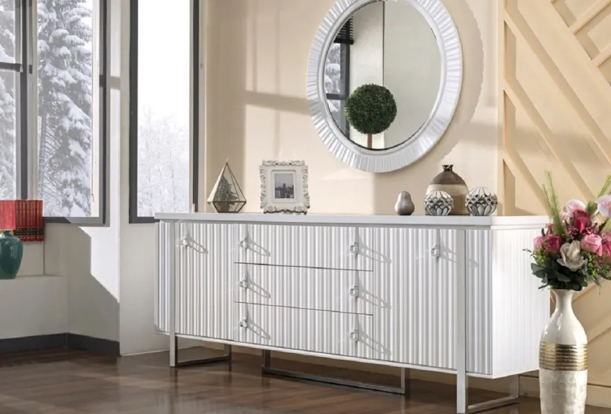 Casa Padrino Luxus Art Deco Sideboard Weiß / Silber 200 x 42 x H. 80 cm - Edler Massivholz Schrank mit 2 Türen und 3 Schubladen - Art Deco Möbel - Luxus Möbel