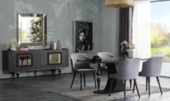 Casa Padrino Luxus Art Deco Sideboard Grau / Schwarz / Messingfarben 210 x 44 x H. 86 cm - Edler Schrank mit 4 Türen - Art Deco Möbel