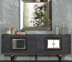 Casa Padrino Luxus Art Deco Sideboard Grau / Schwarz / Messingfarben 210 x 44 x H. 86 cm - Edler Schrank mit 4 Türen - Art Deco Möbel