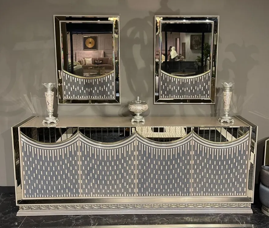Casa Padrino Luxus Art Deco Sideboard mit Spiegel Creme / Gold - Luxus Art Deco Esszimmer Möbel - Edel & Prunkvoll