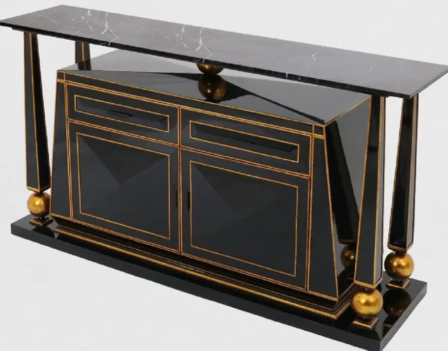 Casa Padrino Luxus Art Deco Sideboard Schwarz / Antik Gold - Prunkvoller handgefertigter Massivholz Schrank mit Marmorplatte - Art Deco Möbel