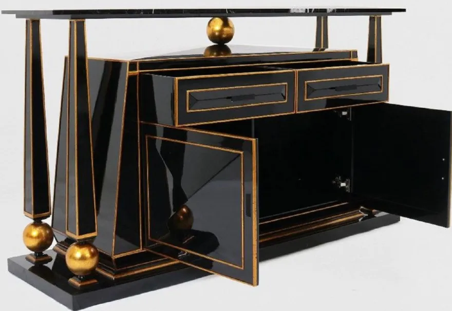 Casa Padrino Luxus Art Deco Sideboard Schwarz / Antik Gold - Prunkvoller handgefertigter Massivholz Schrank mit Marmorplatte - Art Deco Möbel