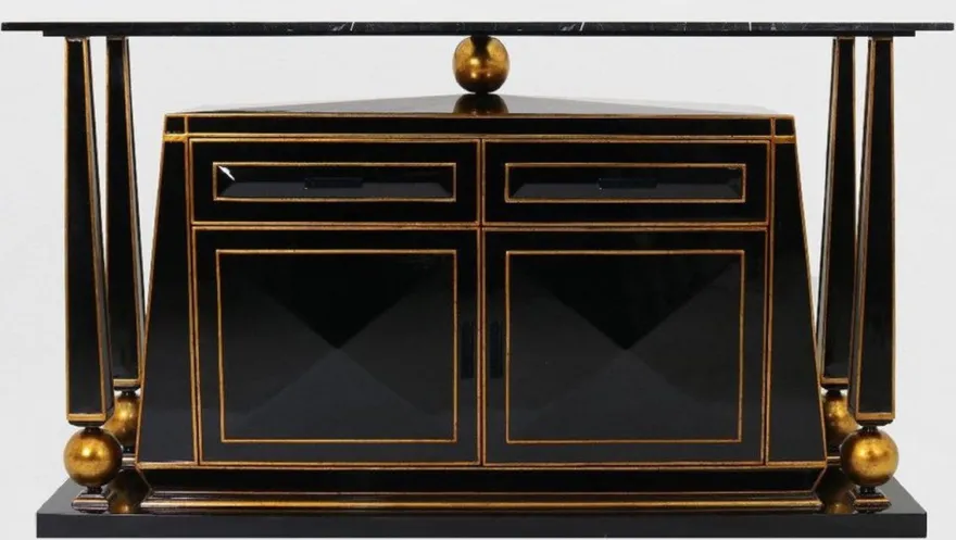 Casa Padrino Luxus Art Deco Sideboard Schwarz / Antik Gold - Prunkvoller handgefertigter Massivholz Schrank mit Marmorplatte - Art Deco Möbel