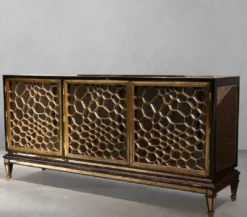 Casa Padrino Luxus Art Deco Sideboard Schwarz / Gold / Messing 204 x 52,5 x H. 96 cm - Verspiegelter Massivholz Schrank mit 3 Türen - Art Deco Möbel - Luxus Möbel